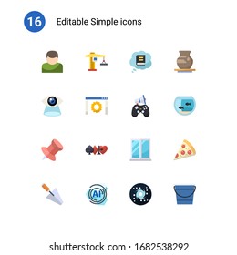 16 simple flat icons set isolated on . Icons set with User, tower crane, Knowledge, Vision, software, In-game Advertising, Pin, gambling, window, trowel, AI Pattern, galaxy icons.