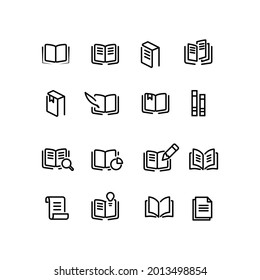 16 simple sets of book related icon  outline style. Contains such icons as file, cover, pencil and more. For UI or UX Design. Editable stroke