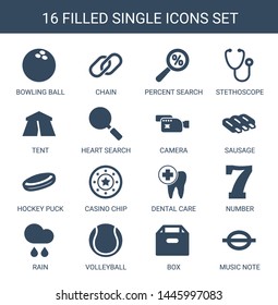 16 single icons. Trendy single icons white background. Included filled icons such as bowling ball, chain, percent search, stethoscope, tent, heart search. single icon for web and mobile.