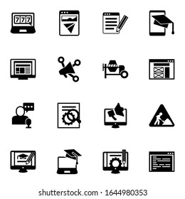 16 site filled icons set isolated on white background. Icons set with online casino, Landing page, SEO copywriting, layout, Social media marketing, concrete mixer, online store icons.