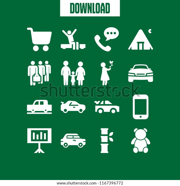 16 sitting vector icon\
set with car, call, father daughter and mother and work icons for\
mobile and web