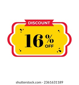 16%, sixteen percent. Discount banner shape. Sale coupon. Red and yellow tag. Special offer badge. Modern concept design. Tag with offer badge. Vector