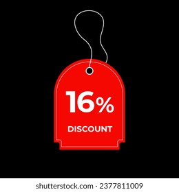 16% sixteen percent red price tag discout. Special offer, shopping discount label. Promotional sale badge. Vector illustration