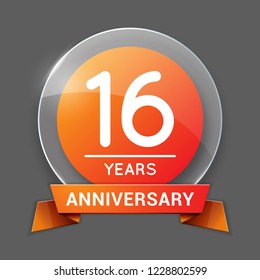 16 / Sixteen Years Anniversary Logo with Glass Emblem Isolated. 16th / Sixteenth Celebration. Editable Vector Illustration.