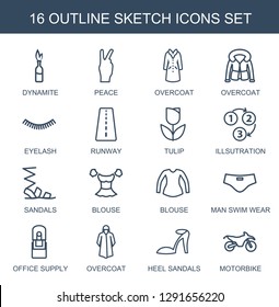 16 sketch icons. Trendy sketch icons white background. Included outline icons such as dynamite, peace, overcoat, eyelash, runway, tulip, illsutration. sketch icon for web and mobile.