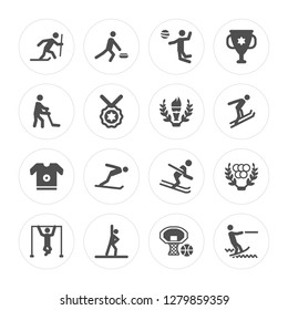16 Ski, Winter Games, Gymnast, Sport Water Sport, Equiptment, Games modern icons on round shapes, vector illustration, eps10, trendy icon set.