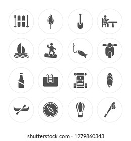 16 Skii, Fire, Compass, Canoe, Surf, Baseball, Boat, Bottle, Fishing modern icons on round shapes, vector illustration, eps10, trendy icon set.