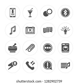 16 Smartphone and Download Arrow, Cocktail Glass, Incoming Calls, Automatic Flash, Washing Machine with Dots, Music Menu modern icons on round shapes, vector illustration, eps10, trendy icon set.