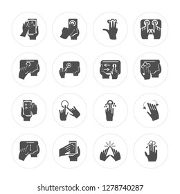 16 Smartphone, Tablet, Rotate, Tap, Tablet modern icons on round shapes, vector illustration, eps10, trendy icon set.