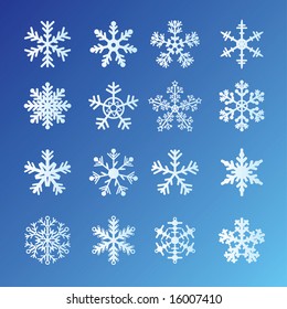 16 Copos De Nieve Sobre Fondo Azul. Fácil de editar vector.