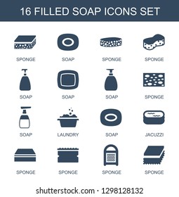 16 soap icons. Trendy soap icons white background. Included filled icons such as sponge, laundry, jacuzzi. soap icon for web and mobile.