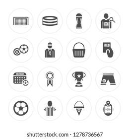 16 Soccer goal, Stadium, Referee, ball, Football shorts, Pin, Calendar, Shopping basket modern icons on round shapes, vector illustration, eps10, trendy icon set.