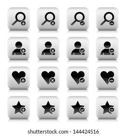 16 social media network sign gray icon (set 07). Stone series. Black pictogram in rounded square button with shadow and reflection on white background. Vector illustration web design element in 8 eps