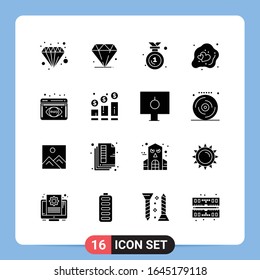 16 Solid Black Icon Pack Glyph Symbols for Mobile Apps isolated on white background. 16 Icons Set.