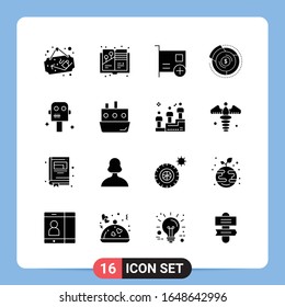 16 Solid Black Icon Pack Glyph Symbols for Mobile Apps isolated on white background. 16 Icons Set.