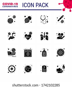 16 Solid Glyph Black Corona Virus pandemic vector illustrations hands; virus; rx; pipette; dropper viral coronavirus 2019-nov disease Vector Design Elements
