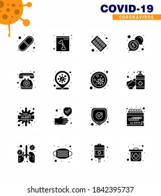 16 Pandemie-Vektorgrafiken-Telefon für Solid Glyph Black Corona-Virus, Telefon; Bereitschaftsarzt; medizinisch, rx; medizinisches virales Coronavirus 2019-nov Krankheit Vectordesign Elements