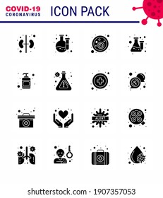 16 Pandemie-Vektorgrafiken von Solid Glyph Black Corona-Virus-Pandemie, die Entsprecher sind; Lotion; Kabeljau; Prüfung; Laborvirus-Coronavirus 2019-nov-Krankheit Vectordesign Elements