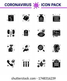 16 Infizierte Solid-Glyph-Schwarzkoronavirus-Krankheit und vorbeugende Vektorsymbol; schudul; Pillen; medizinisch, Ernennung viraler Coronavirus 2019-nov Krankheit Vektor Design Elements