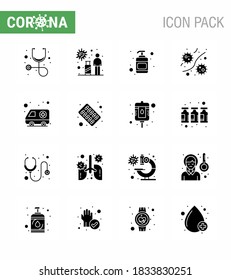 16 Solid Glyph Black Coronavirus disease and prevention vector icon car; viruses; lotion; plasm; germs viral coronavirus 2019-nov disease Vector Design Elements