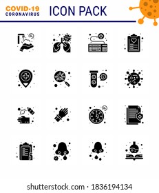 16 Solid Glyph Black Coronavirus Covid19 Icon pack such as plan; healthcare; attach; diet; survice viral coronavirus 2019-nov disease Vector Design Elements