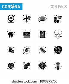 16 Solid Glyph Black Coronavirus Covid19 Icon pack such as pill; capsule; airoplan; antivirus; safety viral coronavirus 2019-nov disease Vector Design Elements