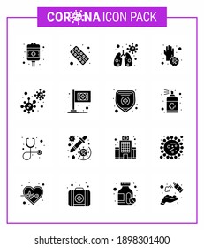 16 Solid Glyph Black Coronavirus disease and prevention vector icon hands; dirty; medicine; covid; virus viral coronavirus 2019-nov disease Vector Design Elements