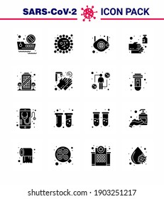 16 Solid Glyph Black Coronavirus Covid19 Icon pack such as wash; hand; bacteria; cleaning; safety viral coronavirus 2019-nov disease Vector Design Elements