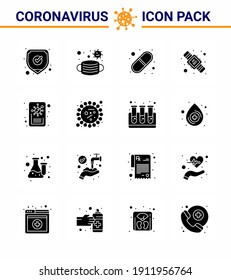 16 Solid Glyph Black Coronavirus Covid19 Icon pack such as report; washing; capsule; twenty; hands hygiene viral coronavirus 2019-nov disease Vector Design Elements