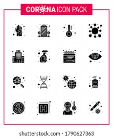16 Solid Glyph Black Set of corona virus epidemic icons. such as corona; disease; quarantine; antigen; temperature viral coronavirus 2019-nov disease Vector Design Elements