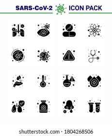 16 Sólido Glifo Negro conjunto de íconos epidémicos del virus de la corona. tales como la investigación; laboratorio; virus infectados; átomo; Enfermedad de coronavirus viral pill 2019-nov Elementos de diseño de vectores
