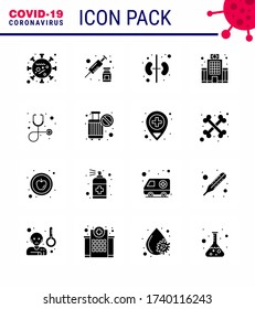 16 Solid Glyph Black viral Virus corona icon pack such as healthcare; healthcare; vaccine; medical; building viral coronavirus 2019-nov disease Vector Design Elements