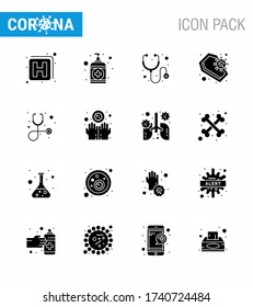 16 Paquete de iconos de corona de virus de Glifo Sólido Negro como estetoscopio; diagnóstico; médico; cráneo; enfermedad de coronavirus viral mortal 2019-nov Elementos de diseño de vectores