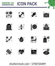 16 Solid Glyph Black viral Virus corona icon pack such as mortality; count; glove; medicine; first aid viral coronavirus 2019-nov disease Vector Design Elements