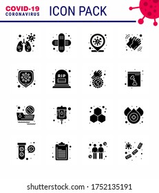 16 Paquete de icono corona de virus de Glifo Sólido Negro, como protección; enfermedad; covid; atención; elementos de diseño de vectores de la enfermedad del coronavirus viral lavado 2019-nov