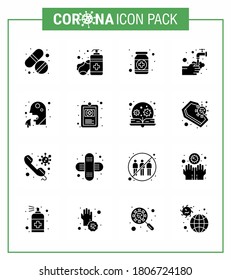 16 Solid Glyph Black viral Virus corona icon pack such as water; medical; drugs; hands; medicine viral coronavirus 2019-nov disease Vector Design Elements