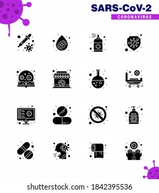 16 Paquete de iconos corona de Virus de Glifo Sólido Negro como aprendizaje; virus; botella; escudo; protección coronavirus viral 2019-nov Enfermedad Vector Elementos de diseño