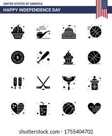 16 Solid Glyph Signs for USA Independence Day maony; american; building; sports; basketball Editable USA Day Vector Design Elements