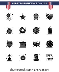 16 Solid-Glyph-Zeichen für Pommes frites zum Unabhängigkeitstag der USA; schnell; Unabhängigkeit; usa; Country Editorial USA Day Vector Design Elements