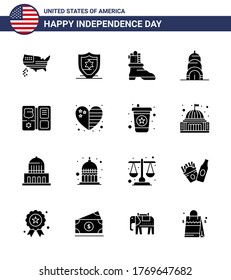16 señales de glifo sólido para el corazón del Día de la Independencia de Estados Unidos; americano; arranque; escudo; elementos editables de diseño de vectores para USA Day