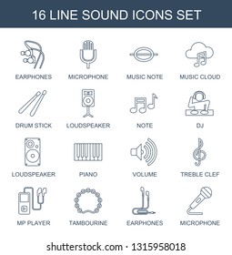 16 sound icons. Trendy sound icons white background. Included line icons such as earphones, microphone, music note, music cloud, drum stick, loudspeaker. sound icon for web and mobile.