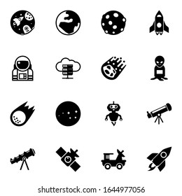 16 space filled icons set isolated on white background. Icons set with globe, moon, astronaut, e-Book, comet, asteroid, constellation, spaceship, alien, telescope, satellite icons.