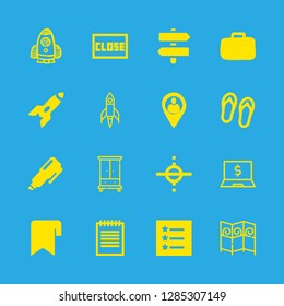 16 space icons with rocket space ship in diagonal and marker in this set