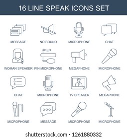 16 speak icons. Trendy speak icons white background. Included line icons such as message, no sound, microphone, chat, woman speaker, pin microphone. speak icon for web and mobile.