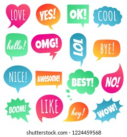 16 Speech bubbles flat gradient style design another shapes with text; love, yes, like, lol, cool, wow, boom, yes... hand drawn comic cartoon style set vector illustration isolated on white background