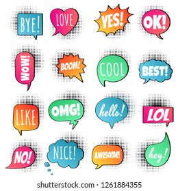 16 Speech bubbles flat gradient style design on halftone with text; love, yes, like, lol, cool, wow, boom, yes... hand drawn comic cartoon style set vector illustration isolated on white background. - Powered by Shutterstock - Get 15% off with code: PIKWIZARD15