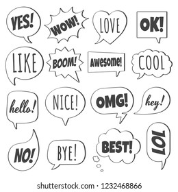 16 Speech bubbles flat style design set another shapes with text; love, yes, like, lol, cool, wow, boom, yes, omg... hand drawn comic cartoon style set vector illustration isolated on white background