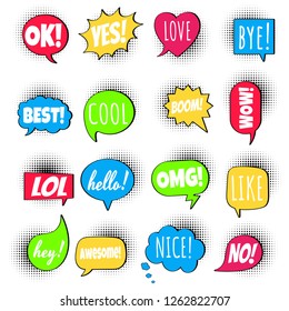 16 Speech bubbles flat style design set on halftone with text; love, yes, like, lol, cool, wow, boom, yes, omg... hand drawn comic cartoon style set vector illustration isolated on white background.