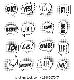 16 Speech bubbles flat style design set on halftone with text; love, yes, like, lol, cool, wow, boom, yes, omg... hand drawn comic cartoon style set vector illustration isolated on white background.