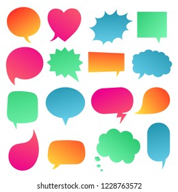16 Speech bubbles gradient flat style design another shapes without texts hand drawn comic cartoon style set vector illustration isolated on white background. Round, cloud, square, heart, rectangle...